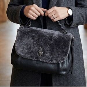 Stuart Weitzman Shearling Leather Flap Satchel Black Grey Shoulder Handbag Purse